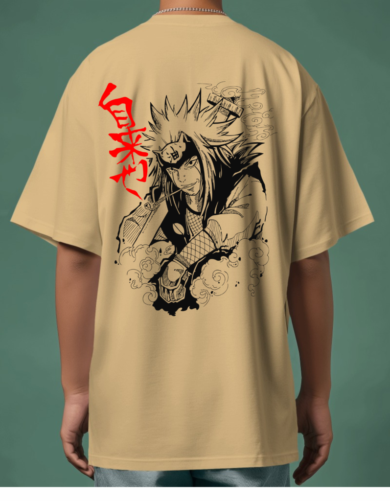 Jiraiya Beige Oversized T-Shirt Mockup - Naruto-Inspired Anime T-Shirt with Stylish Drop Shoulder Design and Premium Cotton Material