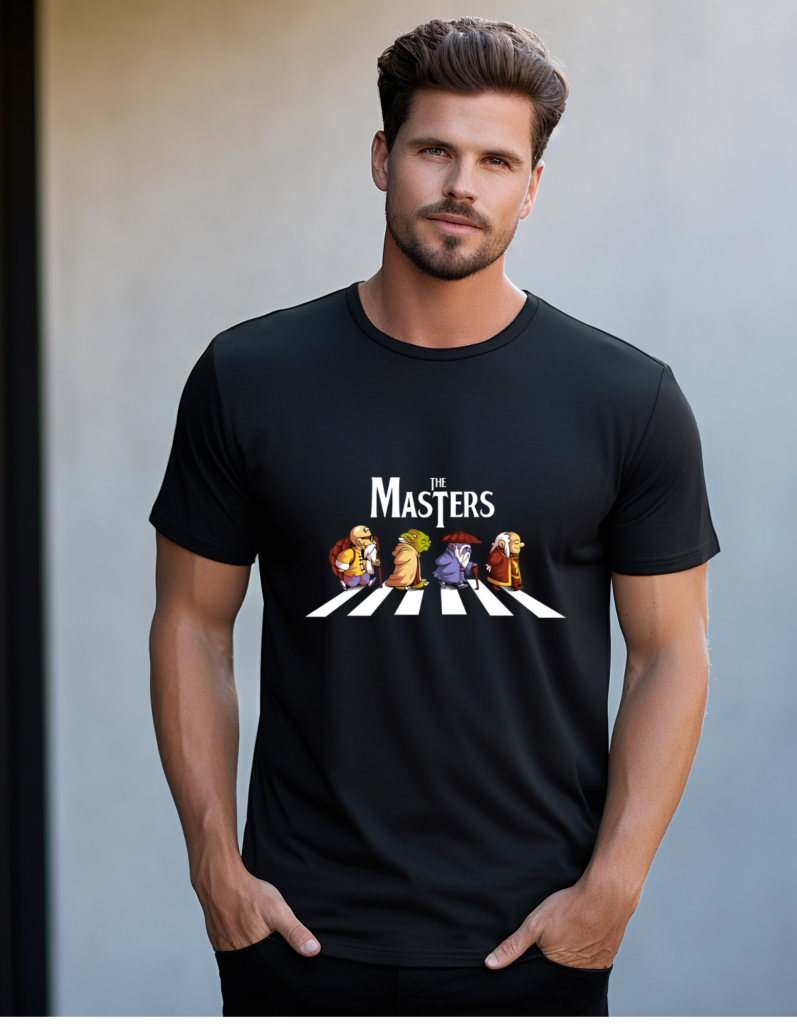 AI-generated model wearing a regular fit black Masters T-shirt, styled for a casual and confident look, showcasing the T-shirt's comfortable fit and premium fabric.