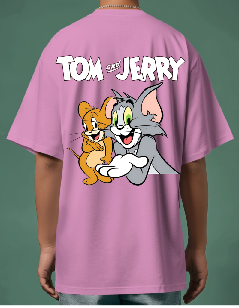 Back view of the Tom and Jerry oversized T-shirt mockup, featuring a playful graphic print, showcasing the T-shirt's premium cotton fabric and relaxed fit.